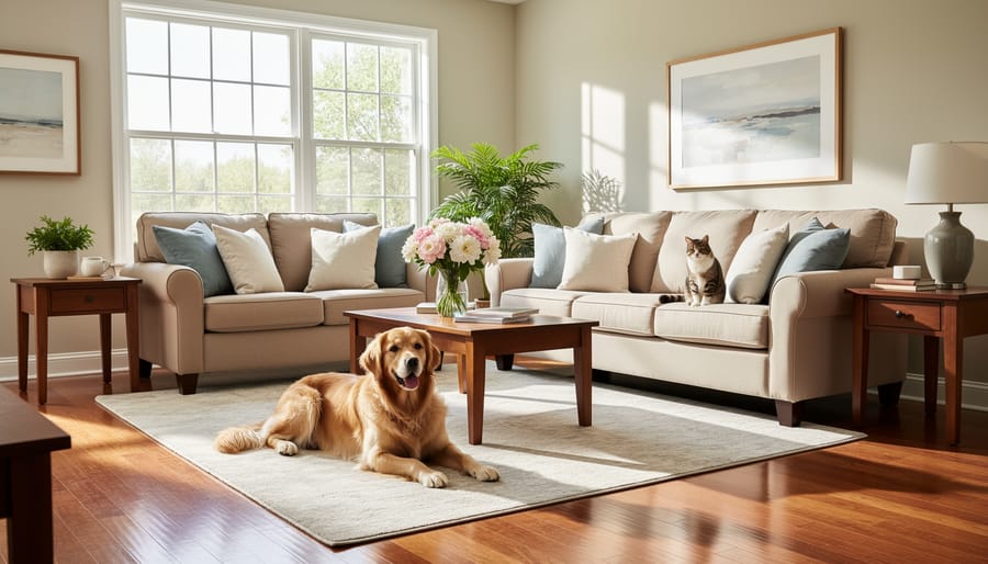 Golden retriever sitting in clean, organized living room with pet supplies neatly arranged