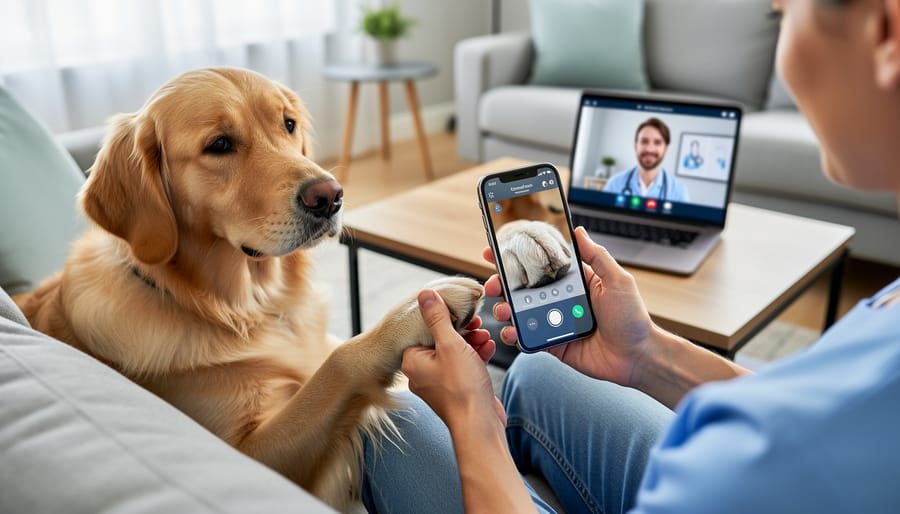 Pet owner photographing cat's ear condition with smartphone for virtual veterinary consultation