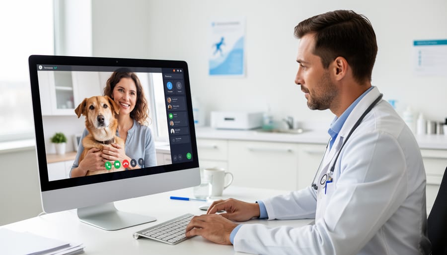 Professional veterinarian conducting virtual consultation from clinic office