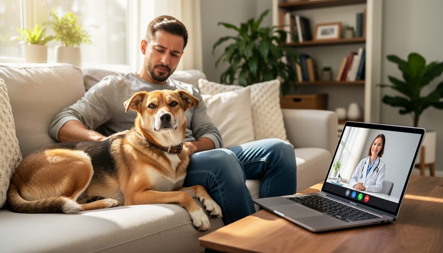 Golden retriever relaxing at home while owner conducts video consultation with veterinarian on smartphone
