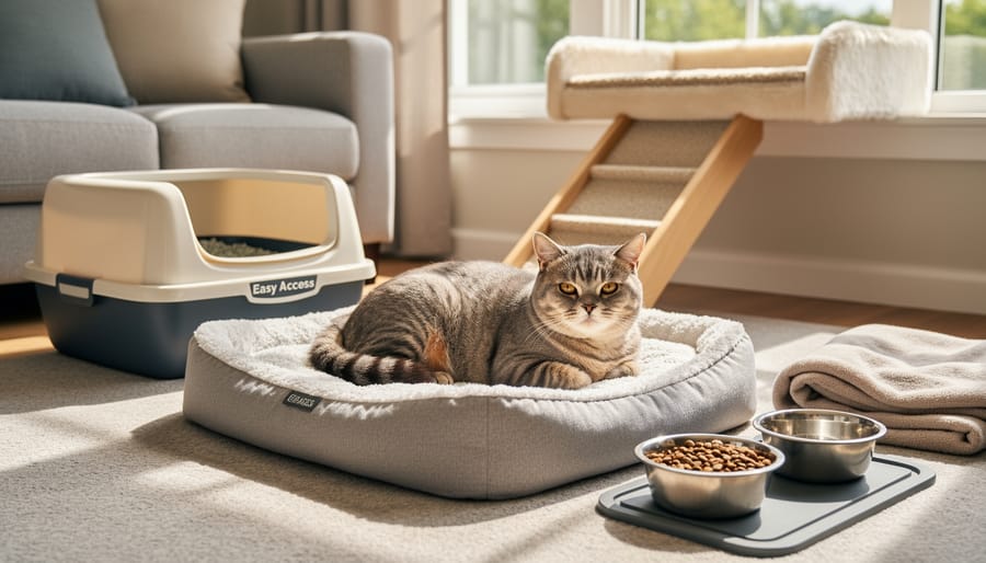 Manx cat resting on a soft blanket near a litter box and water bowl