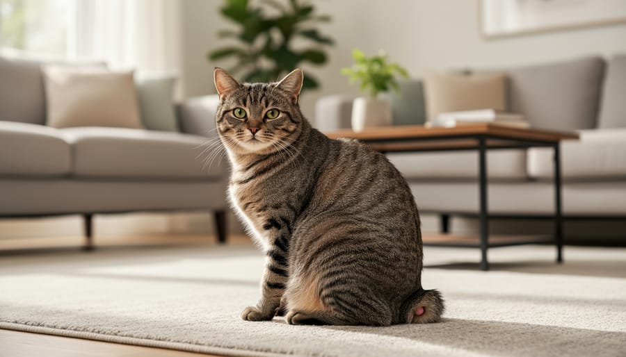 Manx cat sitting indoors with a naturally short to stumpy tail