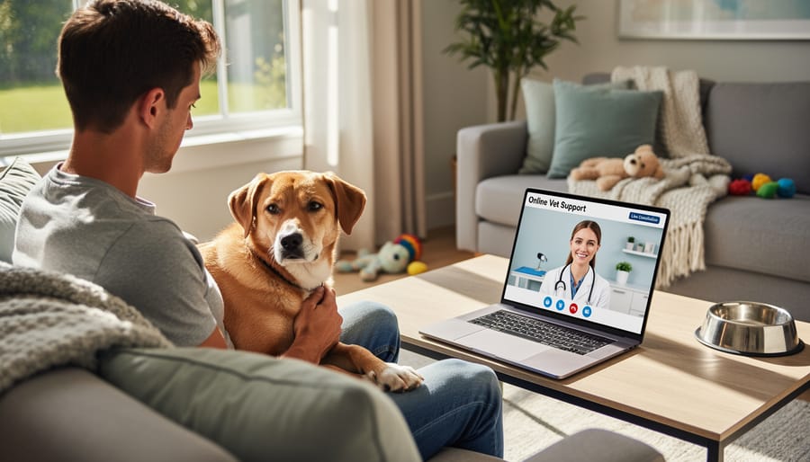 Person holding a dog at home while checking a smartphone for veterinary support.