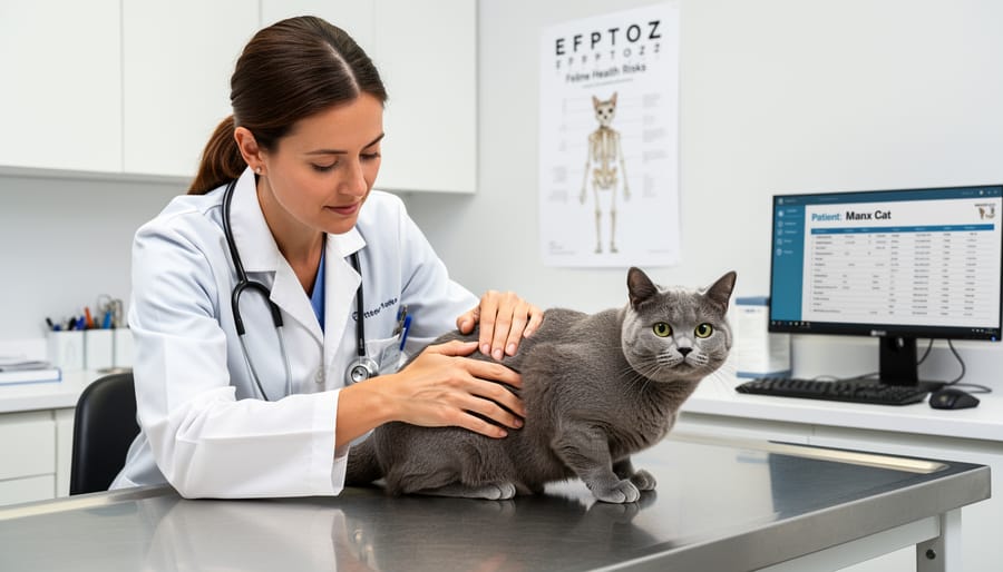 Veterinarian examining a Manx cat on an exam table