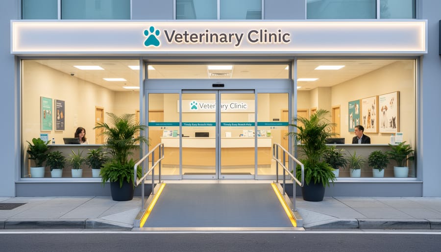 Veterinarian standing at the entrance of a warmly lit veterinary clinic at dusk.