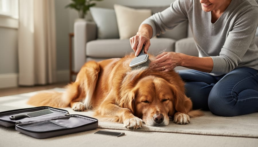 A person gently combing a cat’s fur with a grooming comb during routine care.