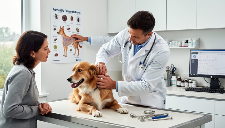 A veterinarian in scrubs gently examining a dog in a Canadian home setting.