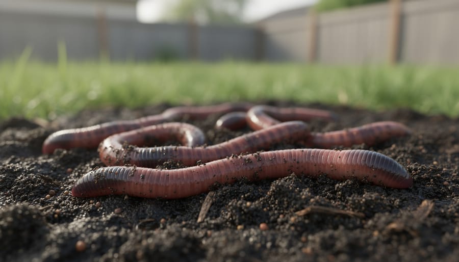 Macro close-up of earthworms on dark moist soil in a garden.