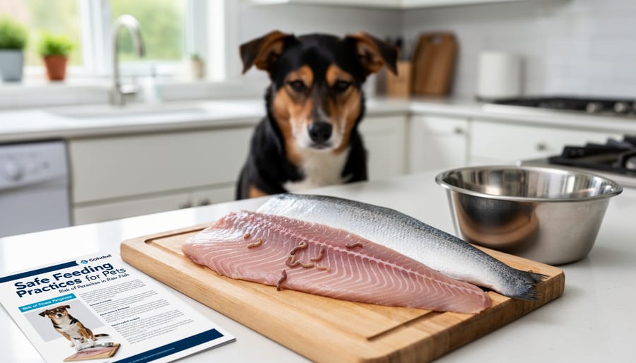 Raw fish on a cutting board in a kitchen setting.