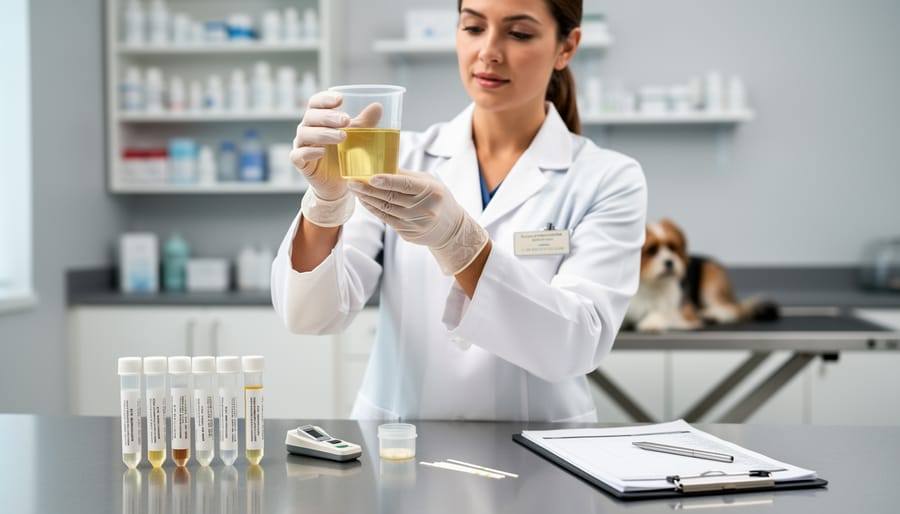 Veterinarian and pet in an exam room with a urinary sample collection kit on a stainless tray.