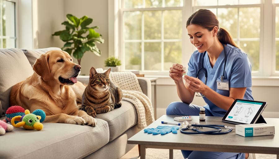 A veterinarian holding a sample container near a dog and cat relaxing on a couch