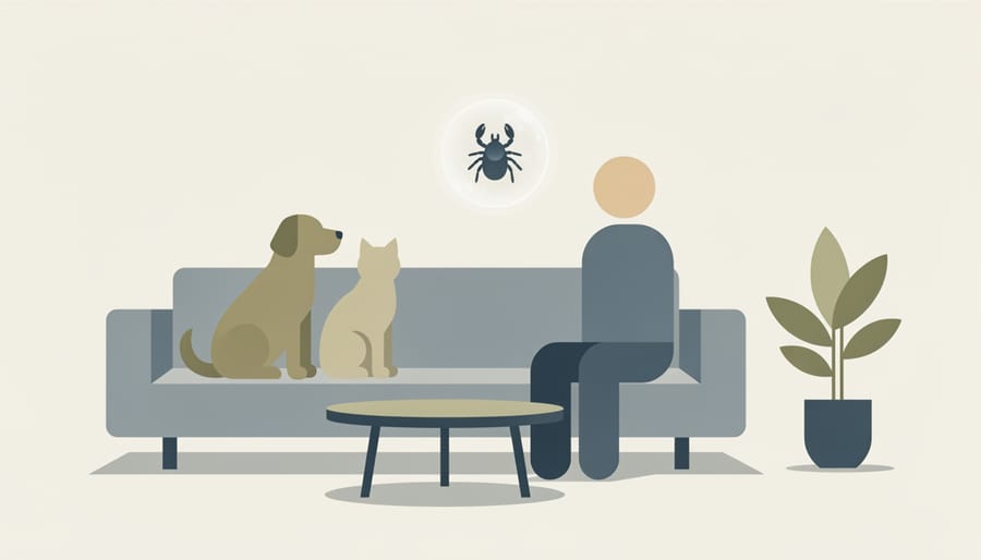 Out-of-focus tick near a home doorway with a pet leash visible in the foreground